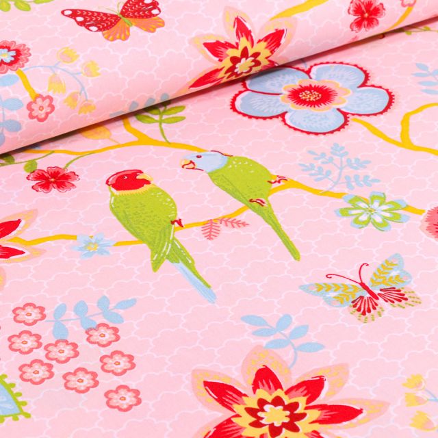 Tissu Coton imprimé LittleBird Oiseaux et fleurs multicolores sur fond Rose