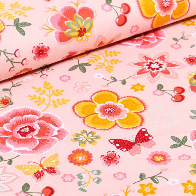 Tissu Coton imprimé LittleBird Diverses fleurs colorés sur fond Saumon