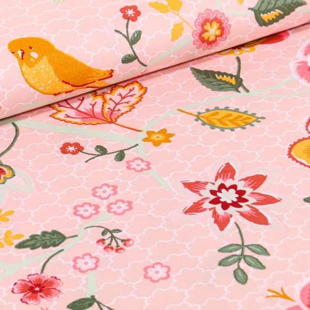 Tissu Coton imprimé LittleBird Oiseaux et fleurs multicolores sur fond Saumon