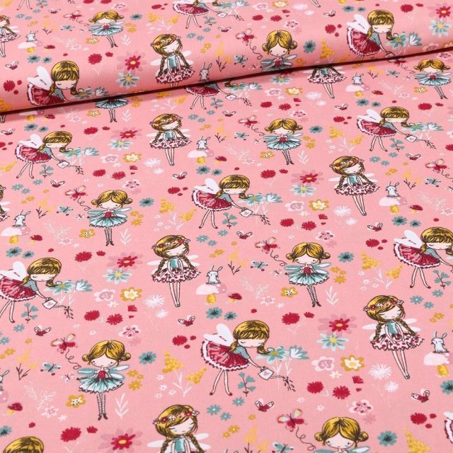 Tissu Coton imprimé Danseuses et pâquerettes sur fond Rose - Par 10 cm