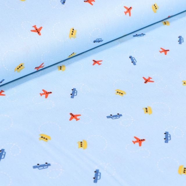Tissu Coton imprimé LittleBird Voitures avions et bateaux sur fond Bleu