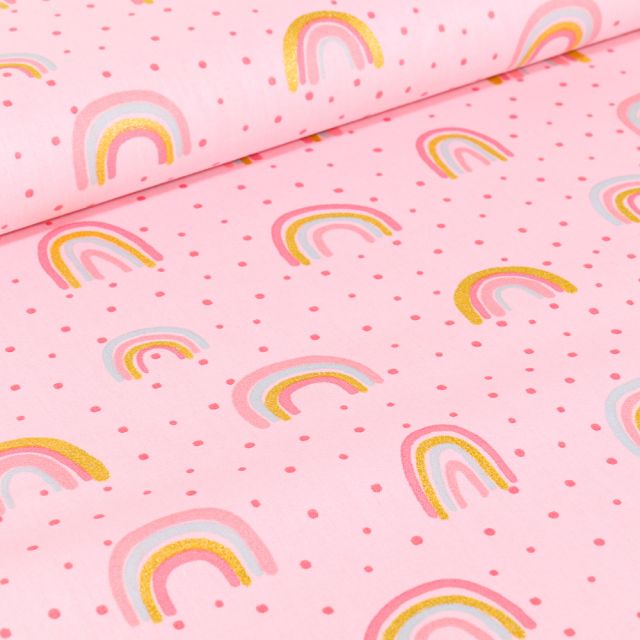 Tissu Coton imprimé LittleBird Rainbow pastel sur fond Rose pâle