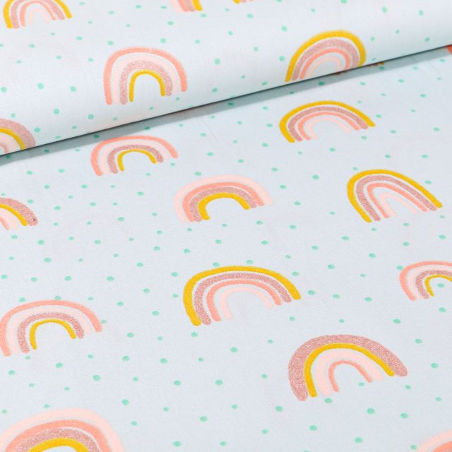 Tissu Coton imprimé LittleBird Rainbow pastel sur fond Vert menthe clair