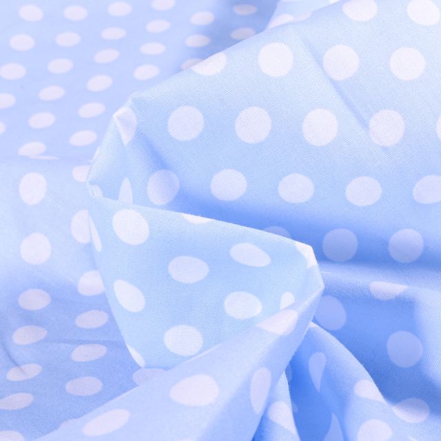 Tissu Coton imprimé Pois Blancs sur fond Bleu ciel
