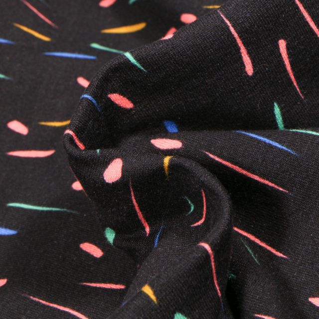 Tissu Jersey Coton envers molletonné Bio Pluie colorée sur fond Noir