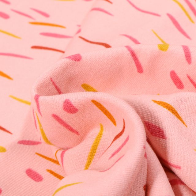 Tissu Jersey Coton envers molletonné Bio Pluie colorée sur fond Rose