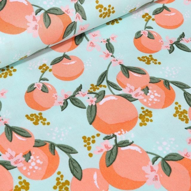 Tissu Coton imprimé LittleBird Peachy sur fond Vert menthe - Par 10 cm