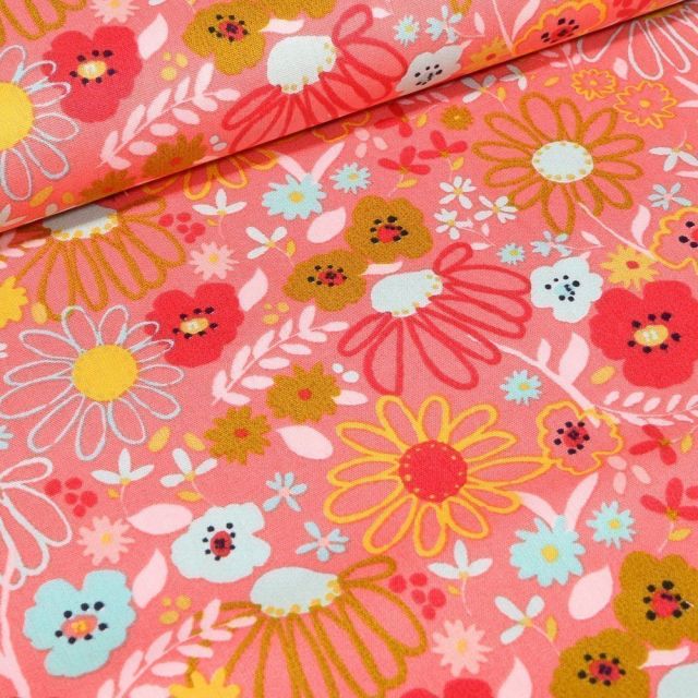 Tissu Coton imprimé LittleBird Fleurs des prés sur fond Corail - Par 10 cm