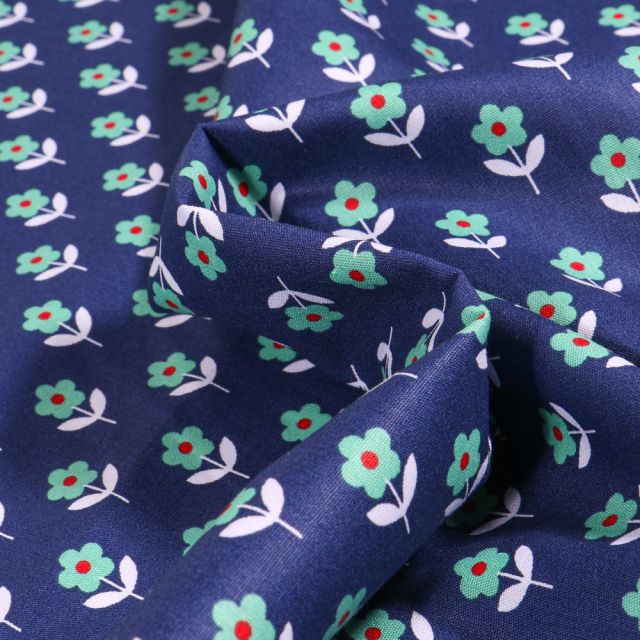 Tissu Coton imprimé LittleBird Flowers sur fond Bleu nuit
