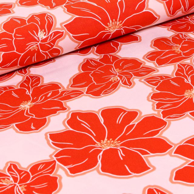 Tissu Crêpe imprimé Grandes fleurs rouge sur fond Blanc