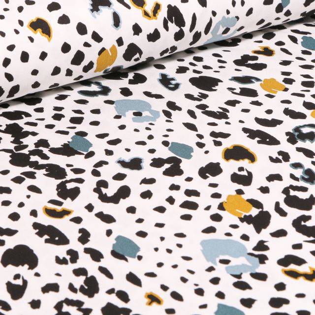 Tissu Coton satiné extensible Tâches léopard et colorées sur fond Blanc