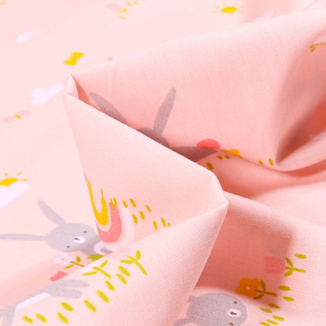 Tissu Coton imprimé LittleBird Nuages et lapins sur fond Rose
