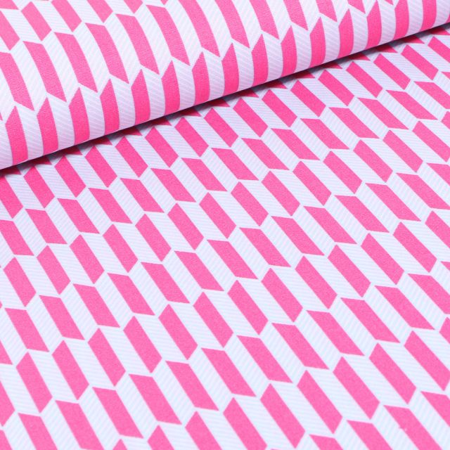 Tissu Coton imprimé Rectangles rose sur fond Blanc