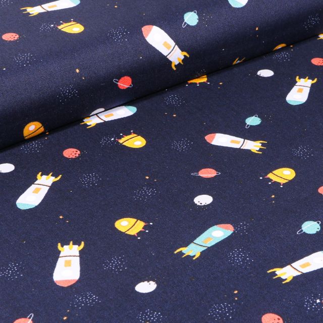Tissu Coton imprimé LittleBird Voyage spatial sur fond Bleu nuit