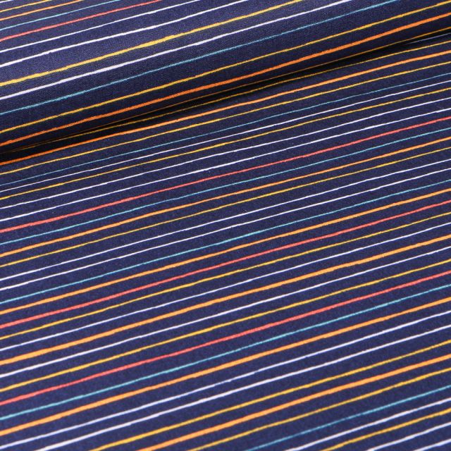 Tissu Coton imprimé LittleBird Rayures multicolores sur fond Bleu nuit