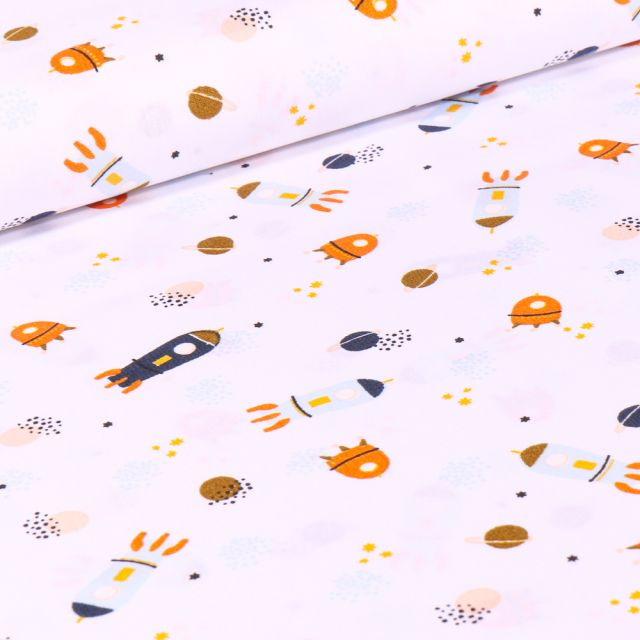 Tissu Coton imprimé LittleBird Voyage spatial sur fond Blanc