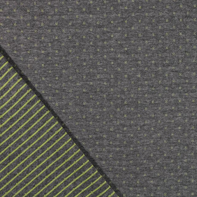 Tissu Sweat Matelassé Réversible Motifs Lime sur fond Gris foncé chiné - Par 10 cm