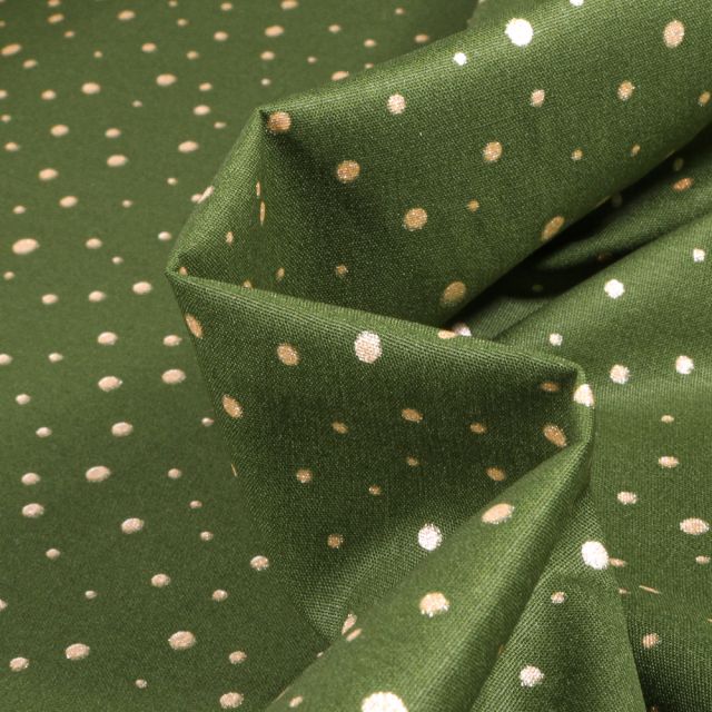 Tissu Coton imprimé doré Little point sur fond Vert kaki