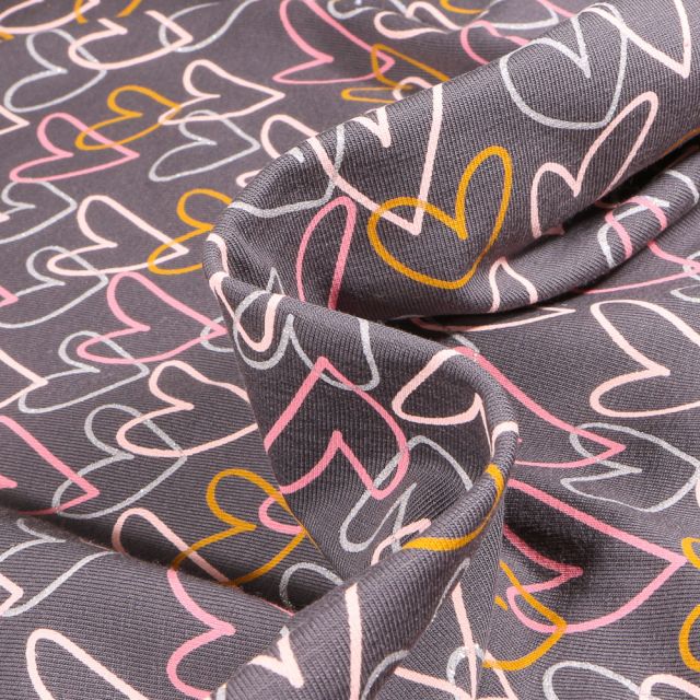 Tissu Jersey coton envers molletonné Coeurs multicolores sur fond Gris