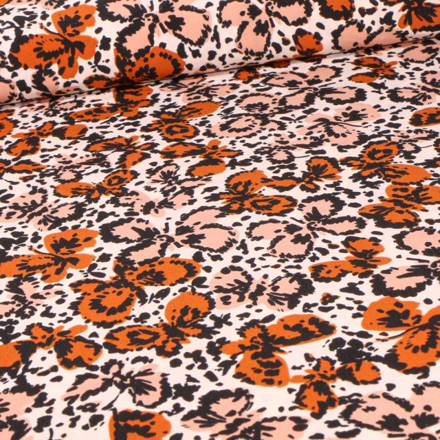 Tissu Satin imprimé Butterfly sur fond Orange