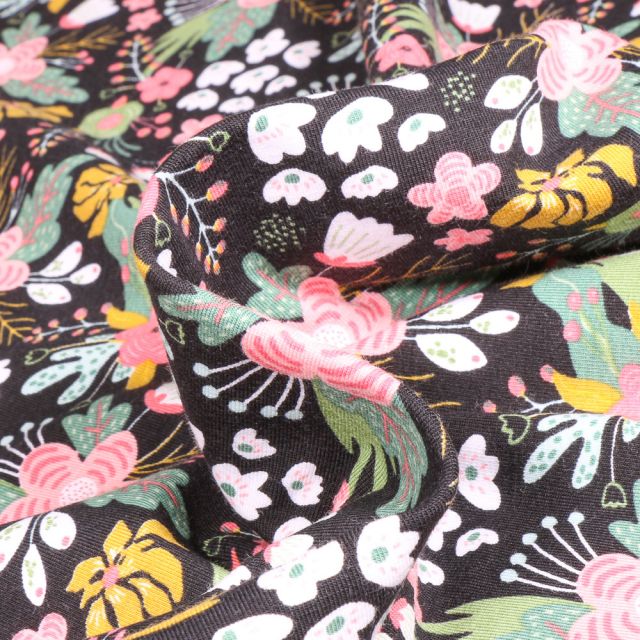 Tissu Jersey Coton Ellie Flowers sur fond Noir