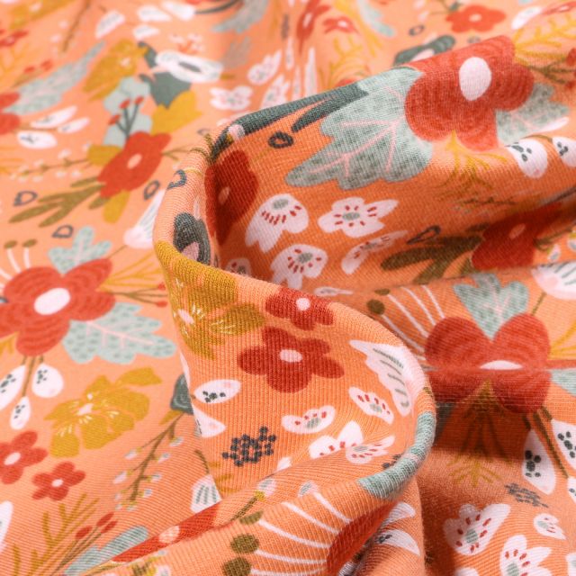 Tissu Jersey Coton Ellie Flowers sur fond Orange