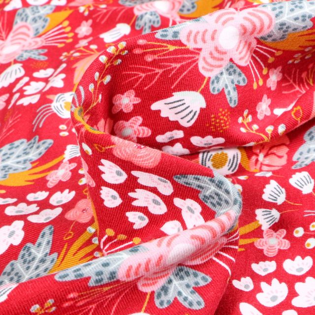 Tissu Jersey Coton Ellie Flowers sur fond Rouge