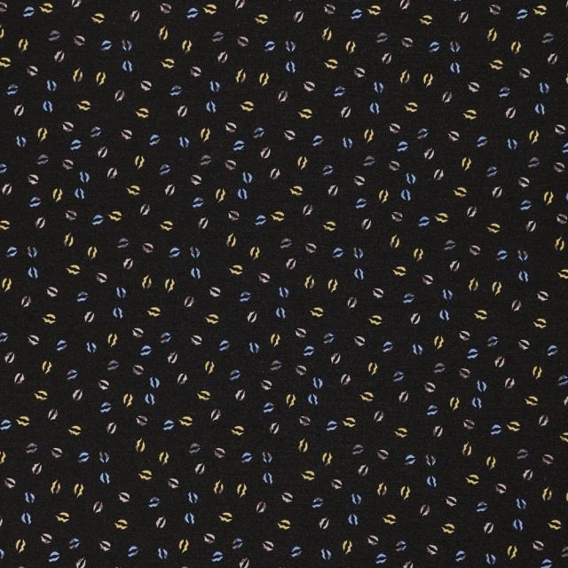 Tissu Mousseline Bouches Jaunes et bleues sur fond Noir - Par 10 cm