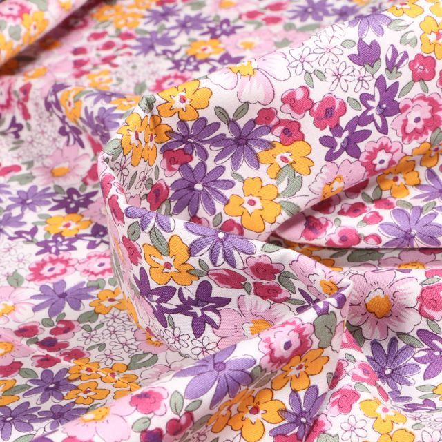 Tissu Coton imprimé Sweet Flower Flores violet sur fond Blanc