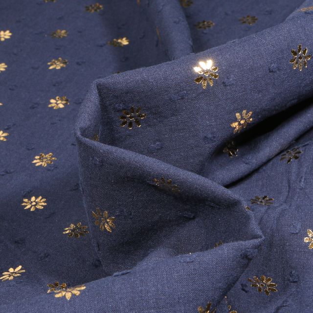 Tissu Plumetis Coton Pâquerettes métallisé doré sur fond Bleu marine