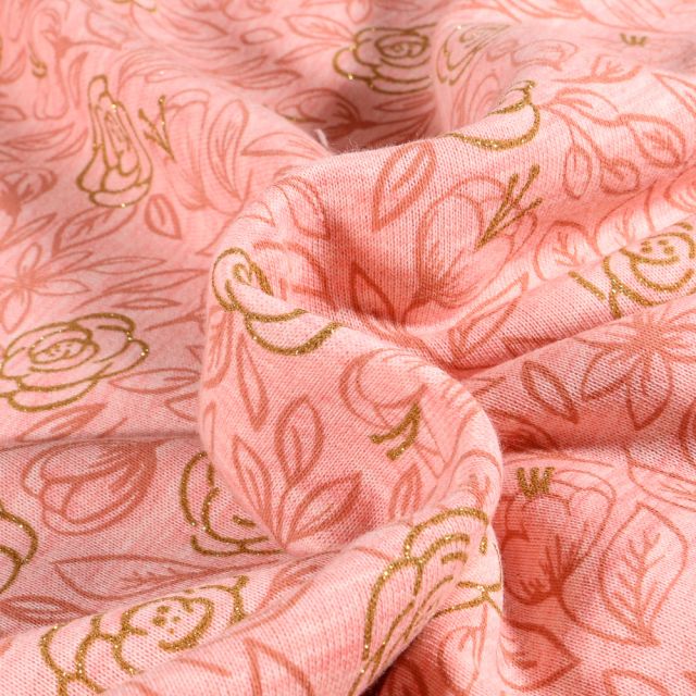 Tissu Jersey Coton envers molletonné Tulipes dorés sur fond Rose