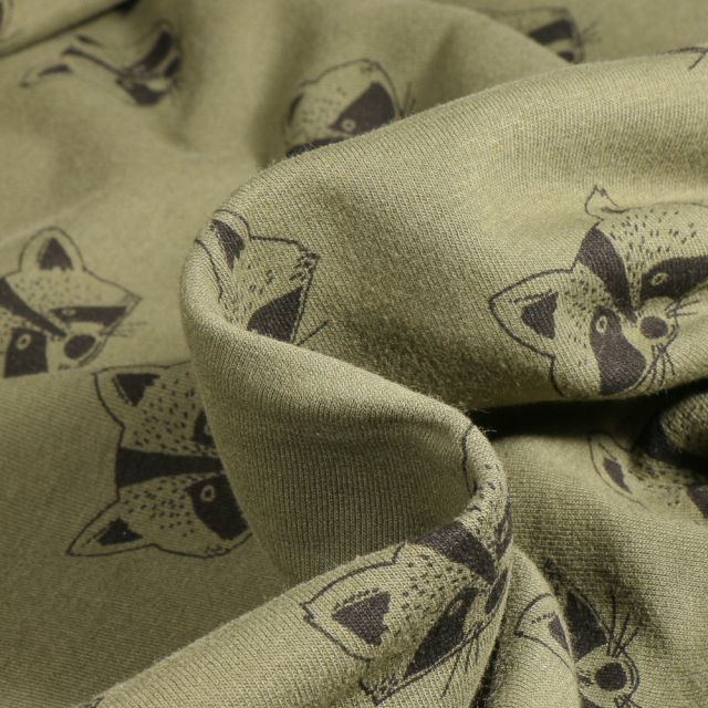 Tissu Jersey Coton Bio envers molleton Raton laveur sur fond Vert kaki