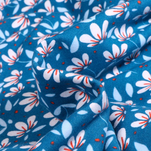 Tissu Jersey Coton Bio envers molleton Fleurista sur fond Bleu
