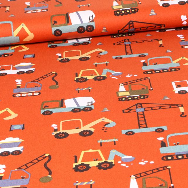 Tissu Coton imprimé Engins de chantier sur fond Orange