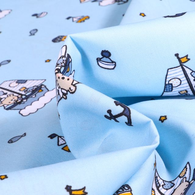 Tissu Coton imprimé Petits ourson marin sur fond Bleu ciel