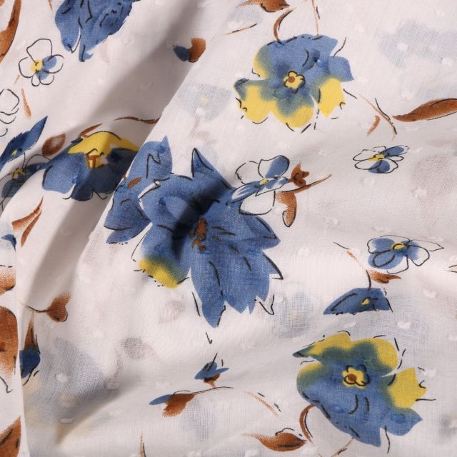 Tissu Plumetis Coton Fleurs bleues et jaunes sur fond Blanc - Par 10 cm