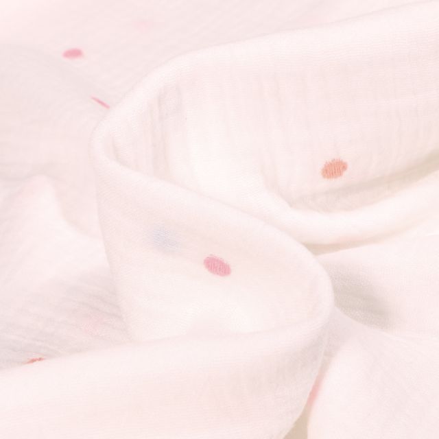 Tissu Double gaze Pois brodés colorés sur fond Blanc