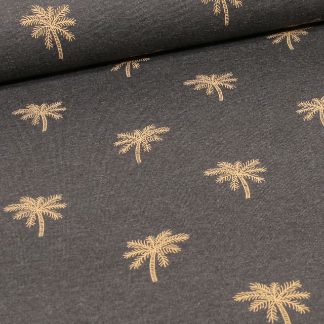 Tissu Jersey Coton Palms sur fond Gris anthracite chiné