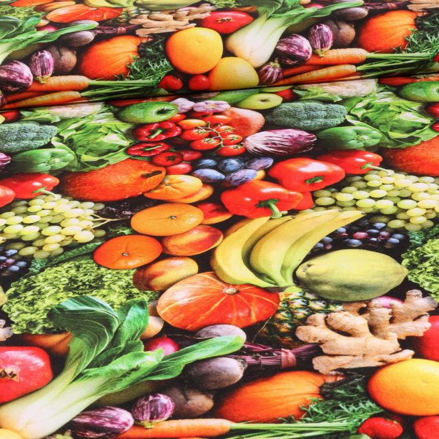 Tissu Toile de Coton Fruits et légumes sur fond Vert