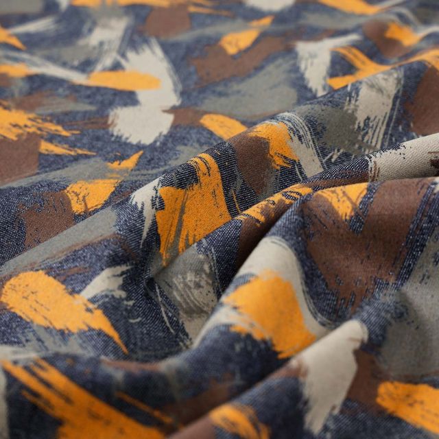 Tissu Chambray Coton imprimé Painting sur fond Bleu denim
