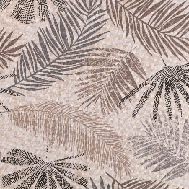 Tissu Toile Coton Aspect Lin Feuilles de palmiers beiges, grises et noires sur fond Beige - Par 10 cm