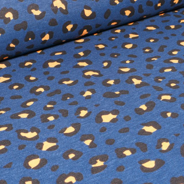 Tissu Toile de Coton Ottoman Léopard sur fond Bleu