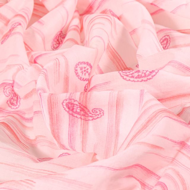 Tissu Voile de Coton Rayures et motifs cachemire sur fond Rose