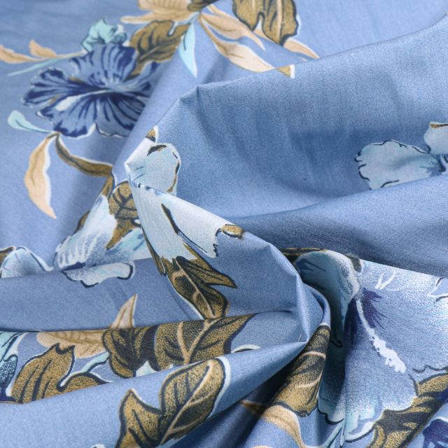 Tissu Coton imprimé Fleurs diverses sur fond Bleu