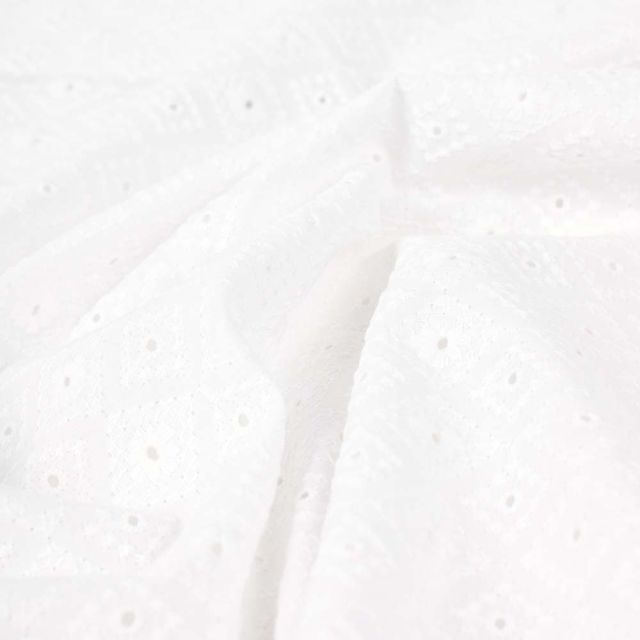Tissu Voile de Coton brodé Ajouré sur fond Blanc