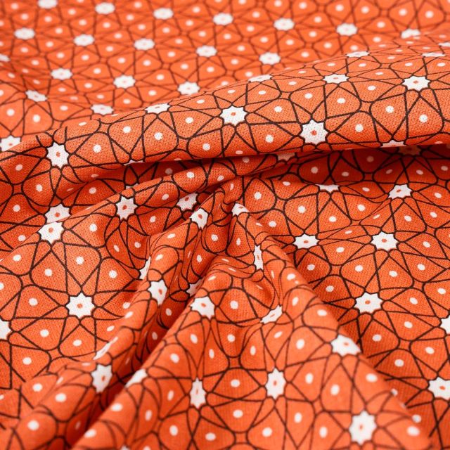 Tissu Coton imprimé petites fleurs et pois blancs sur fond Orange