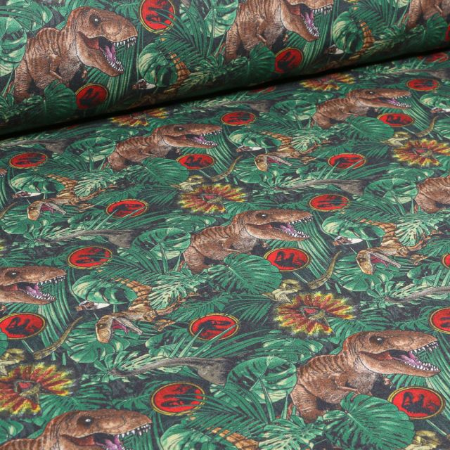 Tissu Coton imprimé sous licence Jurassic Park Art sur fond Vert foncé