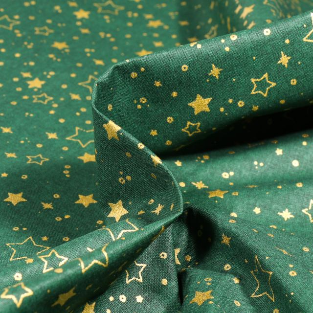 Tissu Coton imprimé Etoiles variées sur fond Vert - Par 10 cm