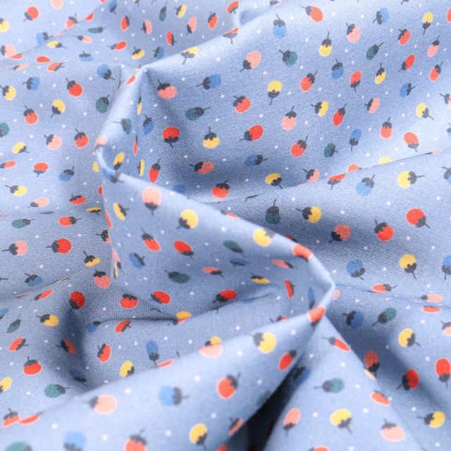 Tissu Coton imprimé MC Fabrics Pompons fleurs sur fond Bleu ciel