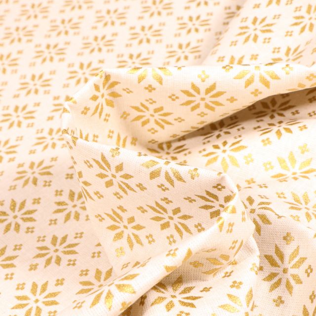 Tissu Coton imprimé Bio Beaux flocons dorés sur fond Blanc cassé